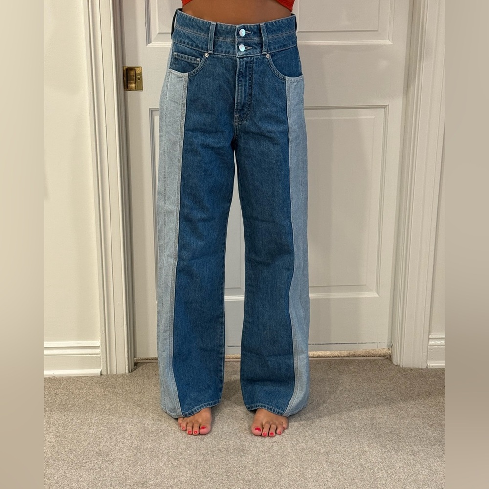 Veronica Beard Taylor Relaxed Wide Leg Jeans in Blue and Light Blue
